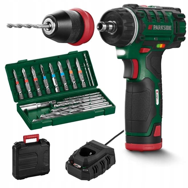 Акумулаторна бормашина Parkside 12 V, 2 скорости, 19 степени на въртящия момент, 2 Ah батерия, комплект накрайници и свредла, куфар за съхранение