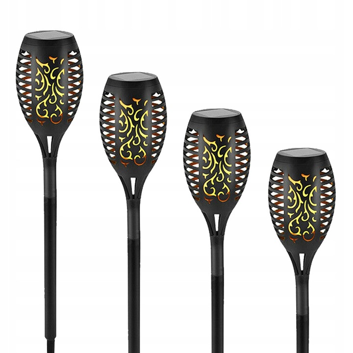 Set 4x Lampa solara LED, efect flacara, 12 LED, IP65, alb cald