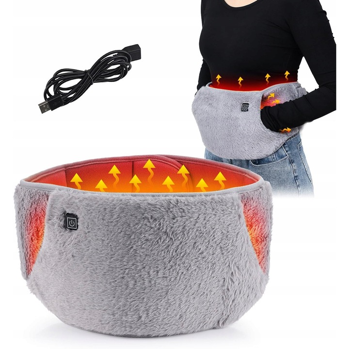 Curea electrica de incalzire pentru spate si abdomen, 3 niveluri de temperatura, 105 cm, confortabil, cu cablu USB