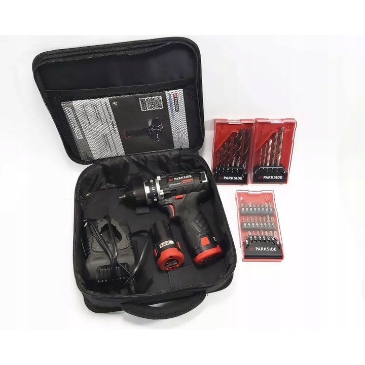 PARKSIDE wiertarko-wkretarka PBSPA 12 A1, 2 viteze, 30 Nm, set 39 accesorii, negru