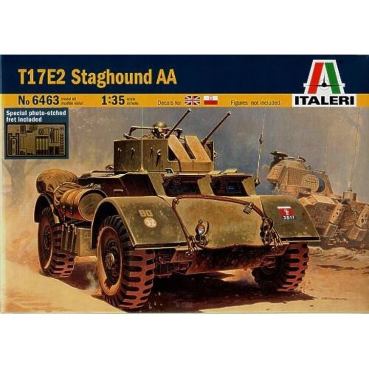 Macheta militara Italeri Staghound AA Armoured Car, set cu rama plastica, blasti fototrawite, 1:35