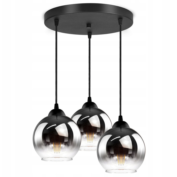 Полилей с 3 абажура от графитно-прозрачно стъкло, черна метална структура, E27, 15x13cm