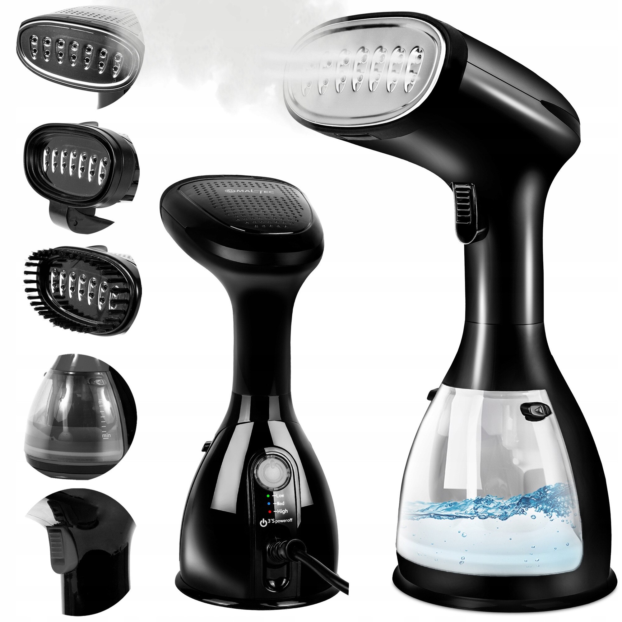 Aparat de calcat cu abur, 7 in 1, negru, 1500W, 28x11x13cm