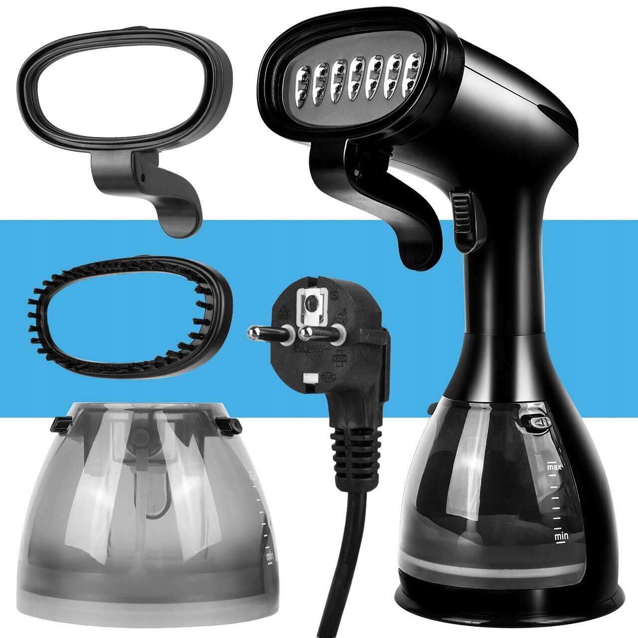 Aparat de calcat cu abur, 7 in 1, negru, 1500W, 28x11x13cm