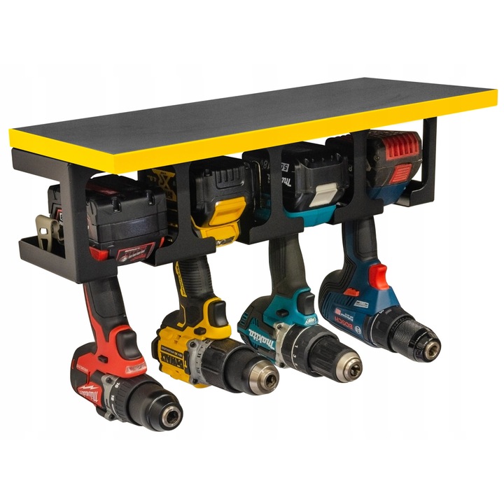 Fúrótartó 4 fúróhoz sárga polccal, 102x85mm, 48,5x20cm, komplett készlet tiplikkel és csavarokkal