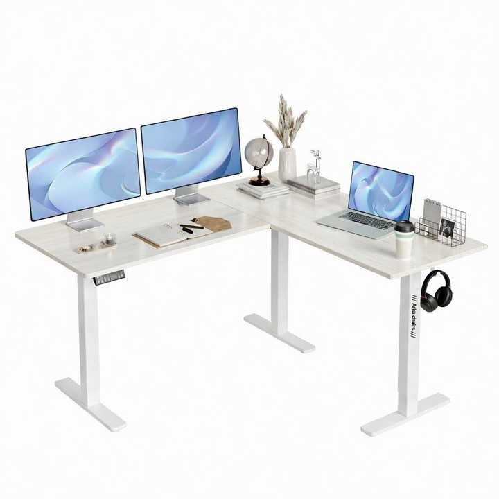 Birou electric colt STANGA sau DREAPTA cu inaltime reglabila, 3 functii memorie, sistem anti coliziune, 3 gauri cable management, Arka Chairs, rezistenta 80Kg, blat 135x120cm