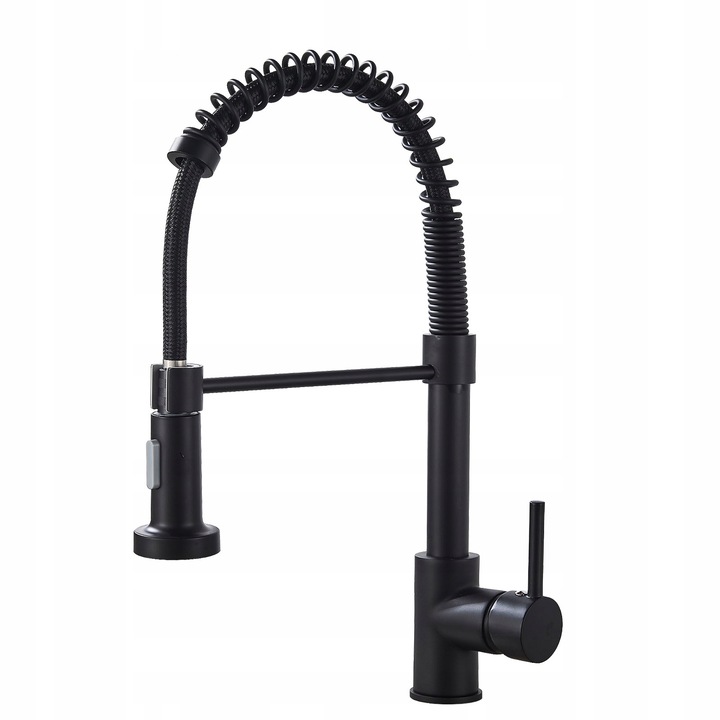 Черна кухненска батерия, ниско налягане, с една ръкохватка, въртяща се на 360°, за единични и двойни мивки