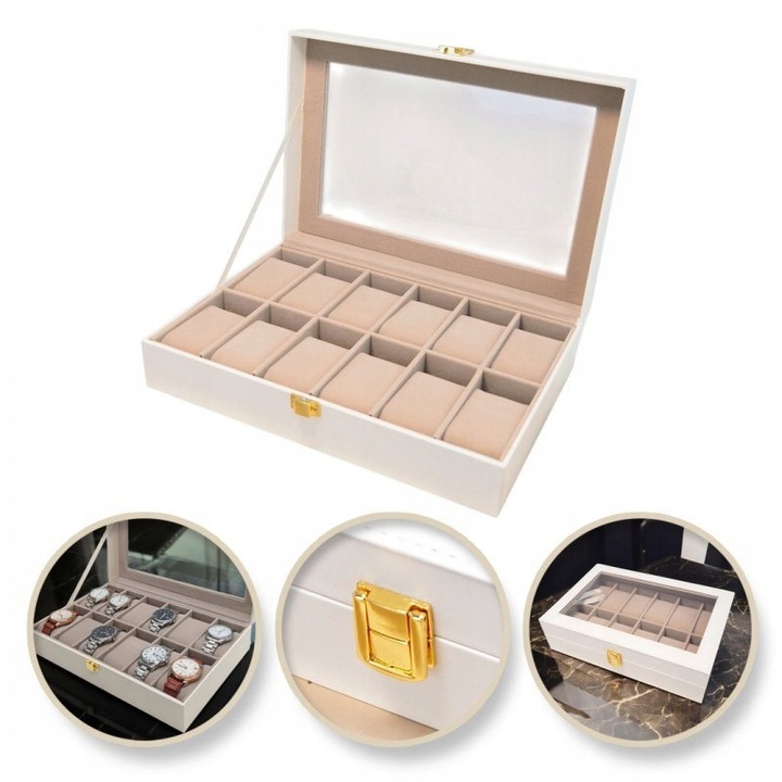 Cutie pentru ceasuri, 12 locuri, alb, 30x20x8cm