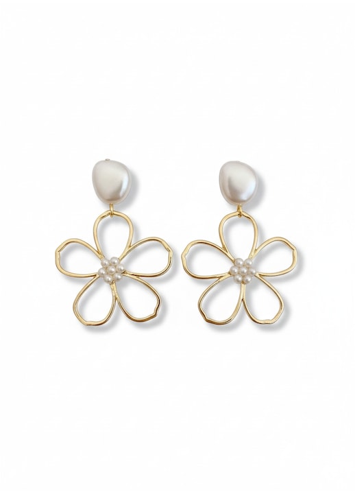 Cercei BUNILU floare auriu cu detalii perla, design elegant