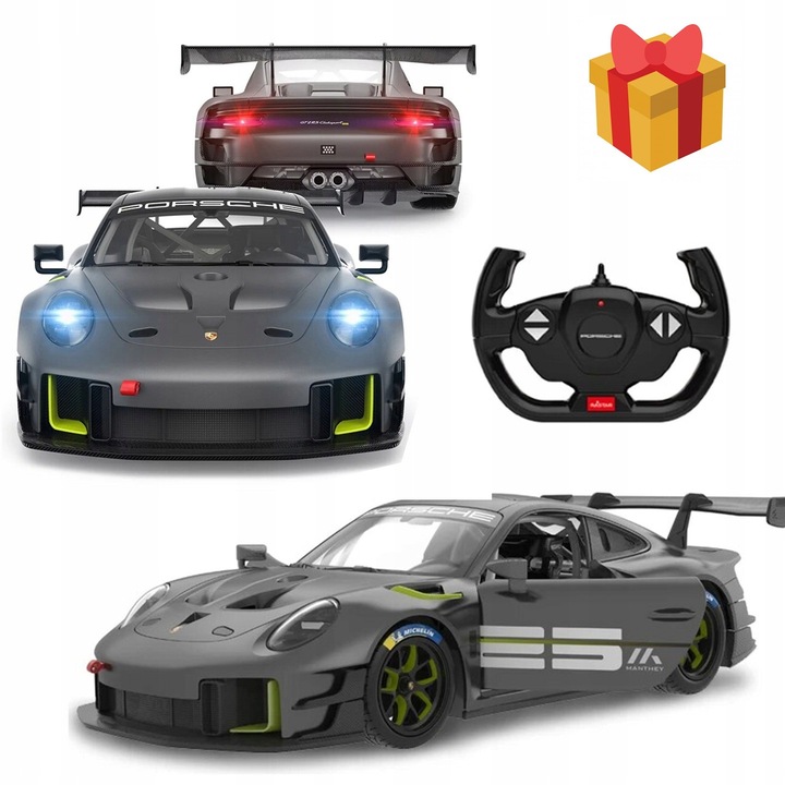 Masinarc remote control Porsche 911 GT2 RS, gri, 1:14, cu lumini LED, amortizoare cu arc, 33,8x14,7x9cm