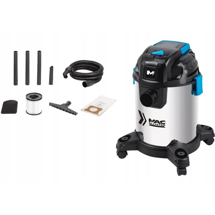 Aspirator workshop MacAllister 1400 W, 20 l, functie de aspirare umeda si uscata, 241x241x514mm