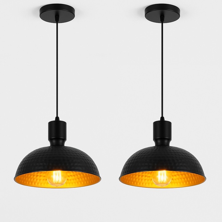 Комплект от 2 метални висящи лампи, черно със златно, 31см, E27