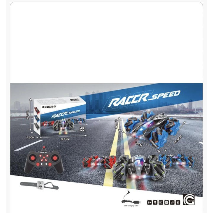 Masina RC Stunt Racer Speed cu Telecomanda, Rotatie 360°, Lumini LED, Reincarcabila USB, 6+ Ani