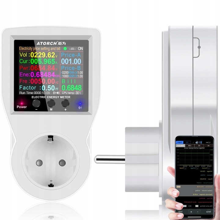 Masurator de putere Bluetooth 16A, 3680W, cu timer si alarme, 133x76x73mm