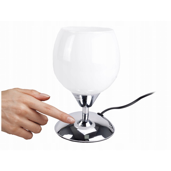 Lampa de noapte dotyka, MT905026, crom, 12x20cm, E27, 1 punct de lumina, abajur din sticla alba