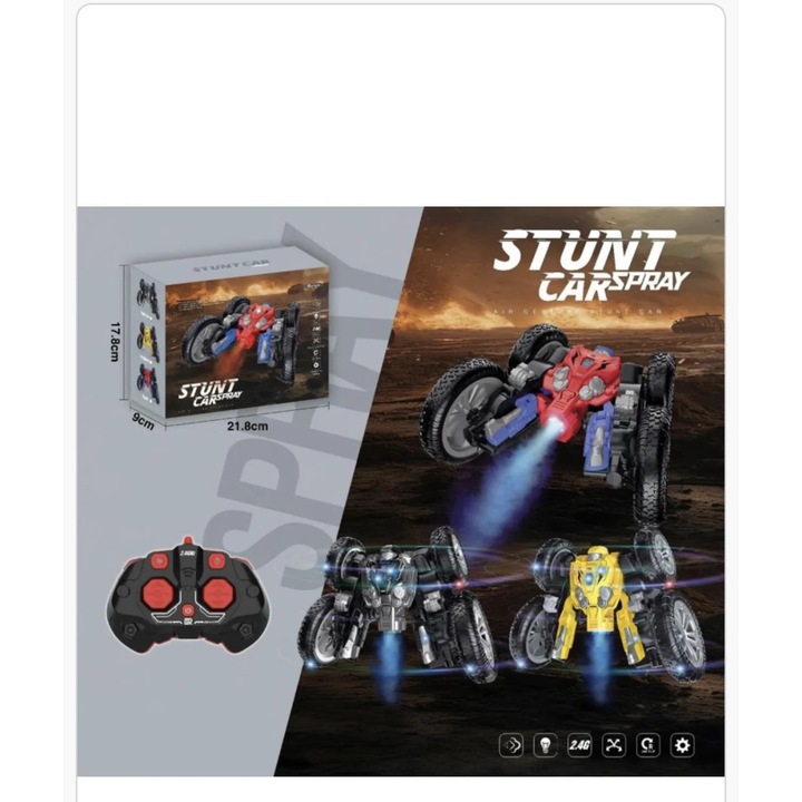 Masina RC Stunt Car Spray 2.4GHz – Rotire 360°, Lumini LED, Telecomanda, Culoare Aleatorie