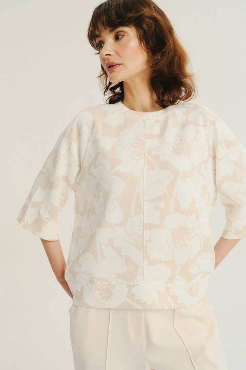 GreenPoint, Bluza lejera cu model floral si maneci medii, Alb/Bej