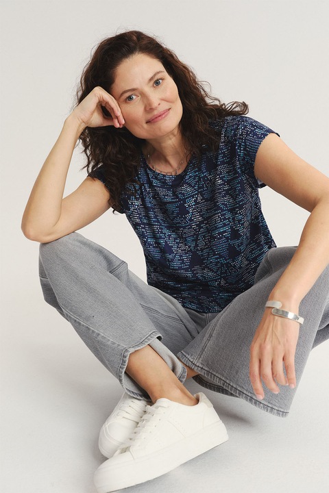 GreenPoint, Bliuza cu decolteu rotund si imprimeu, Alb murdar/Bleumarin