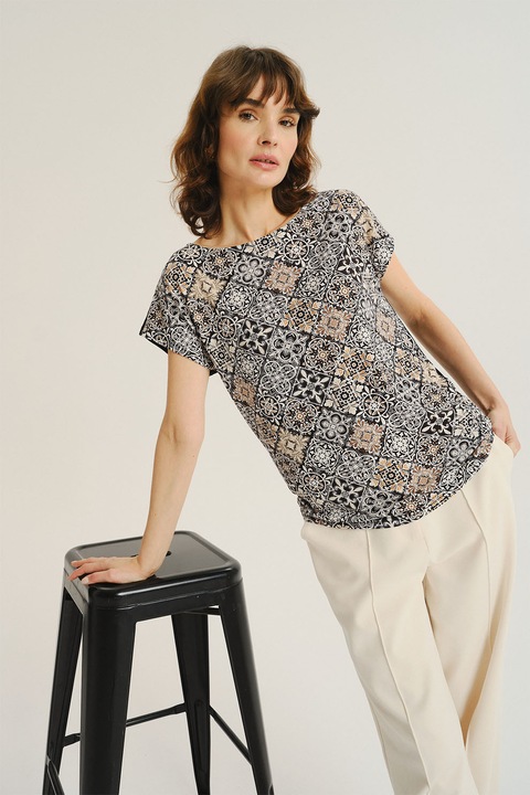 GreenPoint, Bluza vaporoasa cu imprimeu, Alb/Negru/Bej