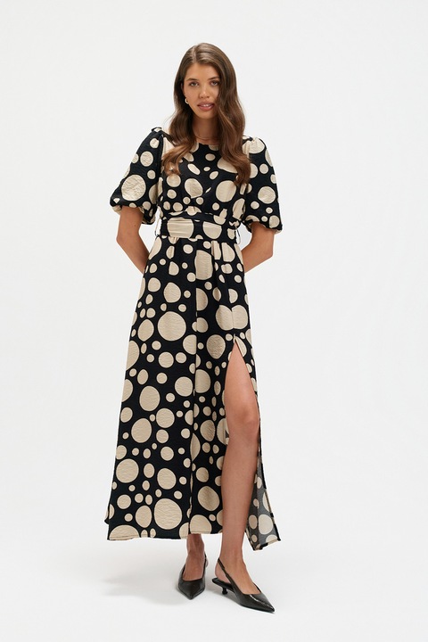 Top Secret, Rochie cu slit lateral si buline, Negru/Bej deschis