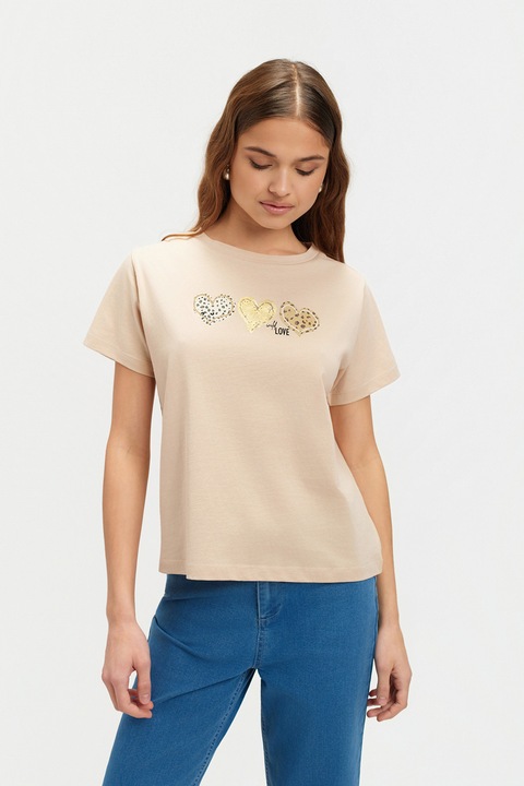 Top Secret, Tricou din bumbac cu imprimeu inima, Bej