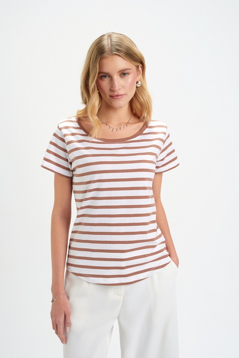 Top Secret, Tricou din bumbac cu dungi, Alb/Ocru
