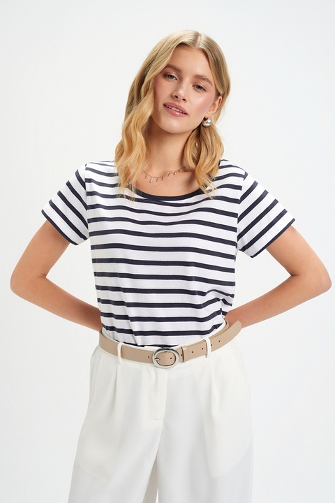 Top Secret, Tricou din bumbac cu dungi, Alb/Bleumarin