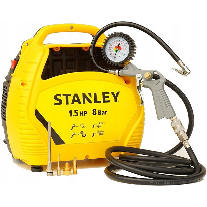 Compresor bezzbris, Stanley, 1,5 KM, 8 bar, 1100 W, 32x28x25 cm, 6,1 kg