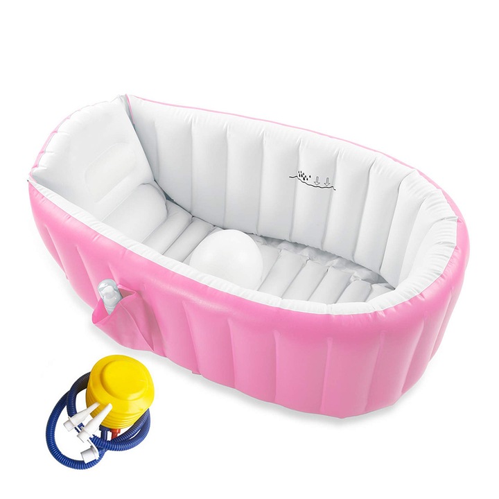 Cadita gonflabila pentru bebelusi NEXTLY, pompa de umflare, portabila, pliabila, perna de sustinere, airbag antialunecare, snur de agatare, rezistenta, PVC, 98x64x28cm, 0-3 ani, roz