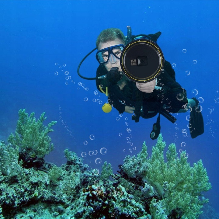 Carcasa subacvatica Suptig pentru GoPro Hero 5/6/7, 6 inch, transparenta, cu suport plutitor