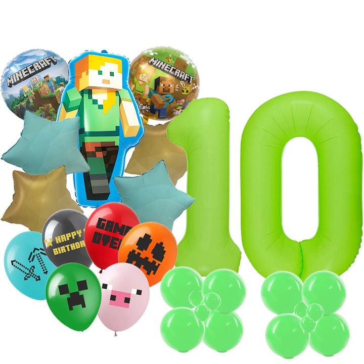 Set de baloane cu tematica Minecraft! Include baloane din folie (inclusiv unul neon 1.0), baloane imprimate si baloane clasice de cauciuc. Perfect pentru ziua de nastere a micului tau jucator