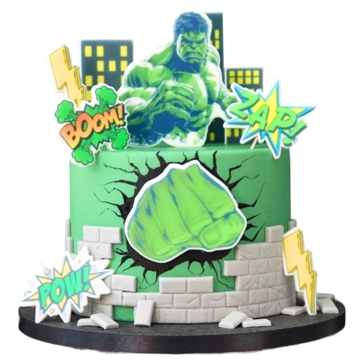 Set decoratiuni tort, Słodka Fanaberia, Hulk 2D, 10 piese, figurine zahar lucrate manual, culori intense, design dinamic, ideale pentru tort baieti, gata de pus