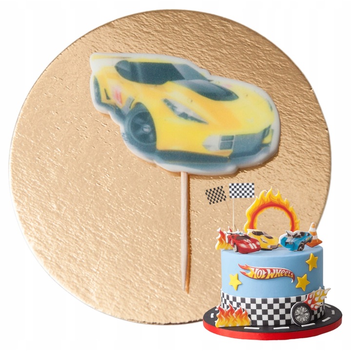 Figurina tort, Słodka Fanaberia, Masina Hot Wheels, galben, decor zahar lucrat manual, design sportiv, detalii rzemieślnicze, ideala pentru baieti, comestibil