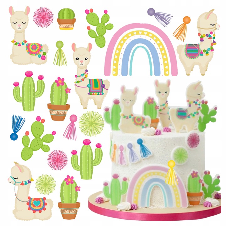 Decor zahar, Słodka Fanaberia, Lama si curcubeu, 21 piese, print comestibil premium, culori pastelate, usor de taiat, set decorativ complet pentru tort copii