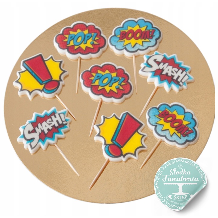 Set decoratiuni tort, Słodka Fanaberia, Superzings Pow Wow, 8 piese, mesaje Boom Pop Smash, figurine zahar 2D, culori intense, decor tematic dinamic, comestibil