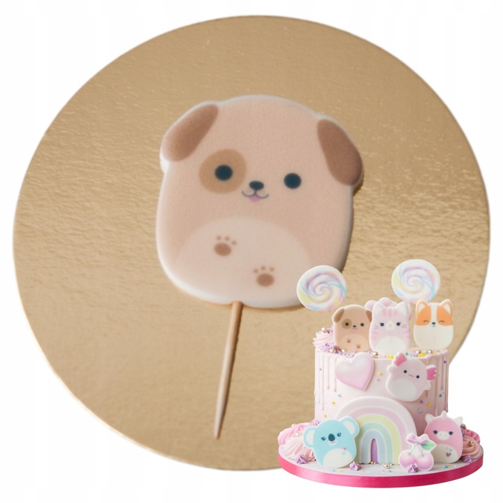 Figurina tort, Słodka Fanaberia, Squishmallows Doug the Puppy, maro, zahar lucrat manual, aspect pufos, personaj popular, decor tematic modern, gata de pus pe tort