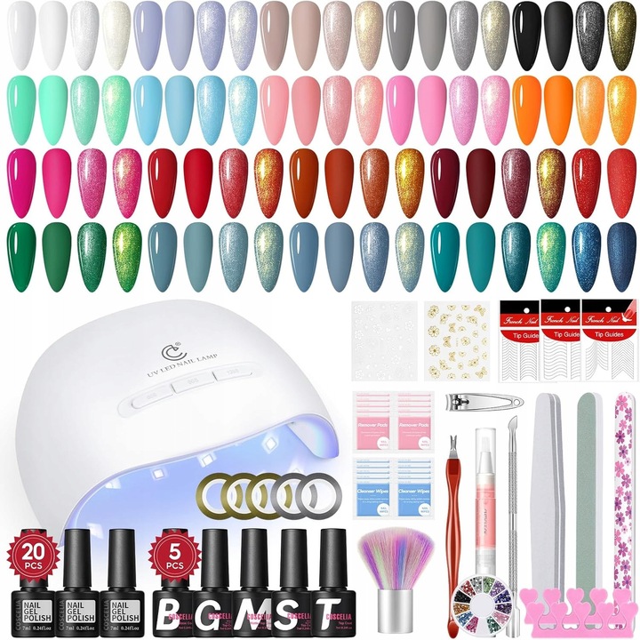Set 48 piese pentru unghii, 20 culori, 1 lac baza, 4 lacuri de finisare, lampa UV, unelte manichiura