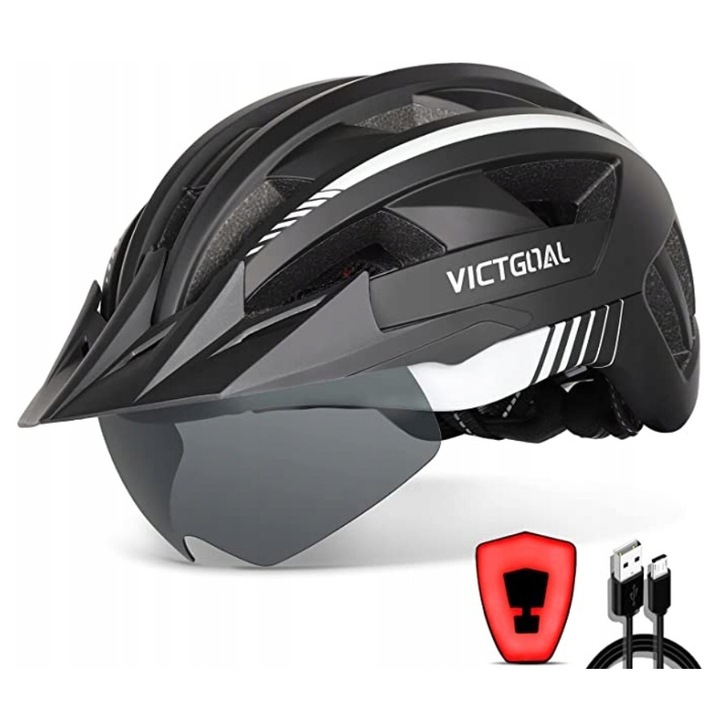 Kask rowerowy Victgoal MTB, cu gogle magnetice detasabile si lumina LED, M 54-58 cm, alb/negru