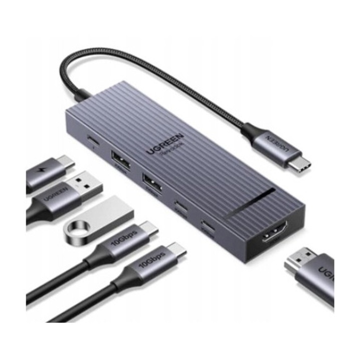 Ugreen 6 portos USB hub, HDMI 4K 60Hz, 10Gbps, 100W, fehér