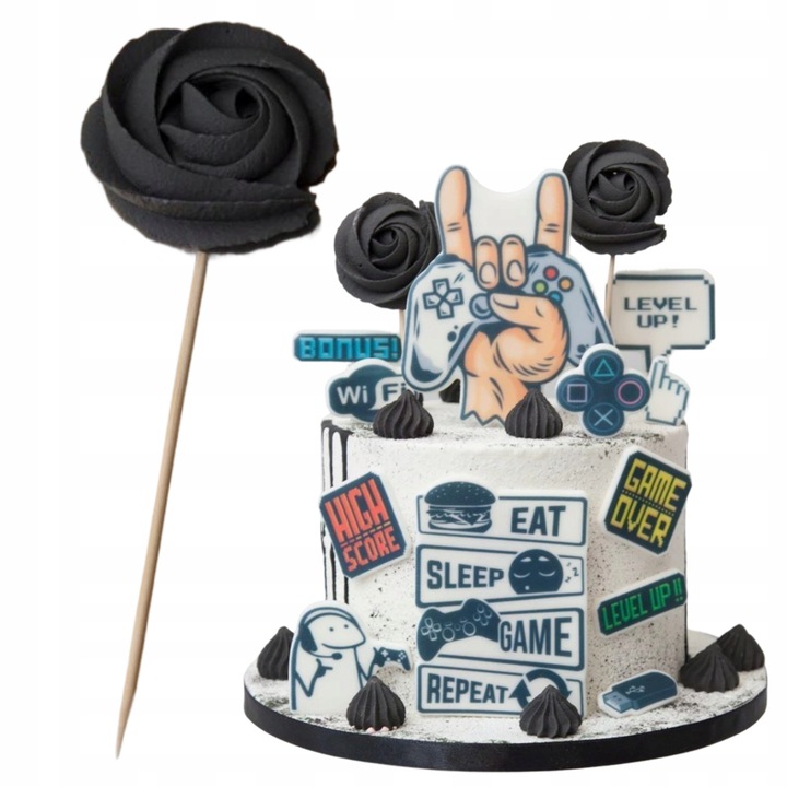 Topper bezea, Słodka Fanaberia, Negru, 1 bucata pe bat, zahar, lucrat manual, textura crocanta, decor stabil si elegant pentru tort aniversar, comestibil, 17cm