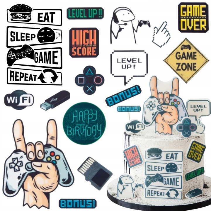 Decor zahar, Słodka Fanaberia, Gamer, 21 piese, mana cu controller, mesaje Level Up, print comestibil de inalta calitate, culori vii, set complet pentru tort