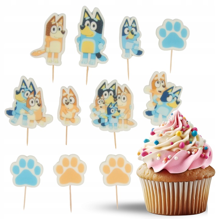 Set decoratiuni tort, Słodka Fanaberia, Bluey si Bingo, 11 piese, figurine zahar 2D, culori vii, personaje indragite, decor tematic vesel, gata de pus pe tort
