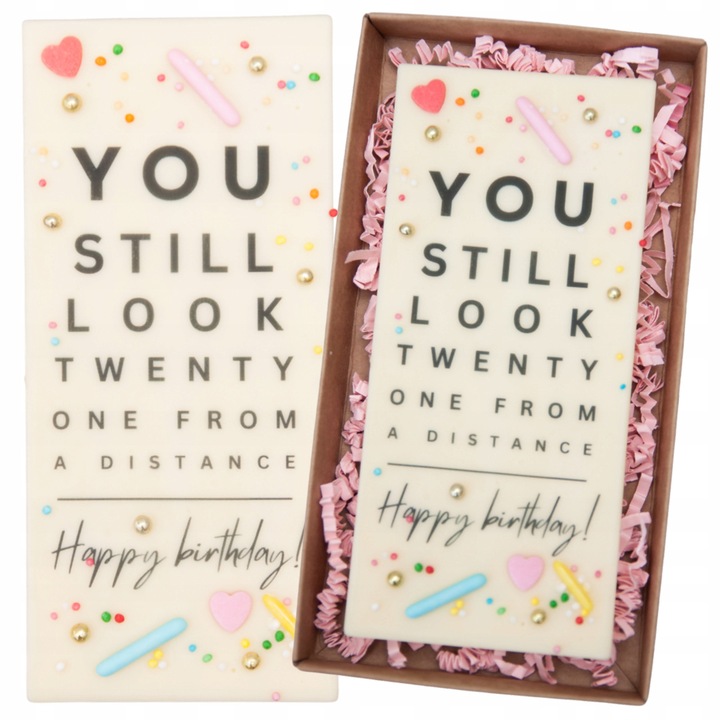 Ciocolata alba, Słodka Fanaberia, Happy Birthday, 45g, lucrata manual, design estetic, cutie rustica eleganta, ingrediente naturale, cadou ideal pentru invitati