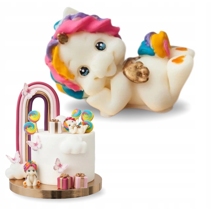 Figurina tort 3D, Słodka Fanaberia, Unicorn culcat, multicolor, zahar lucrat manual, design magic si adorabil, ideala pentru petreceri fetite, gata de pus