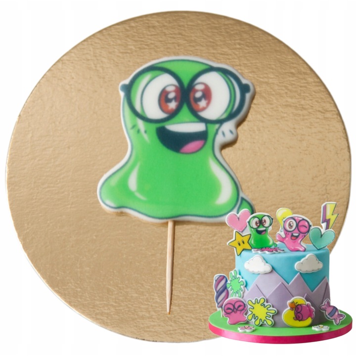 Figurina tort, Słodka Fanaberia, Slick Slime Sam, verde, zahar lucrat manual, design vesel, culori intense, decor tematic pentru copii, gata de utilizat