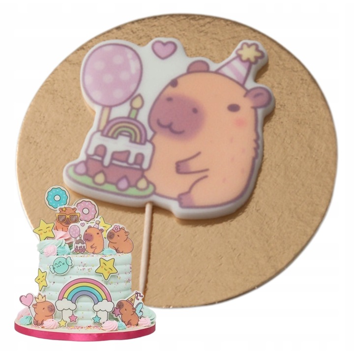 Figurina tort, Słodka Fanaberia, Capibara cu tort, maro, decor zahar lucrat manual, design amuzant si modern, gata de pus pe tort, comestibil, aspect estetic