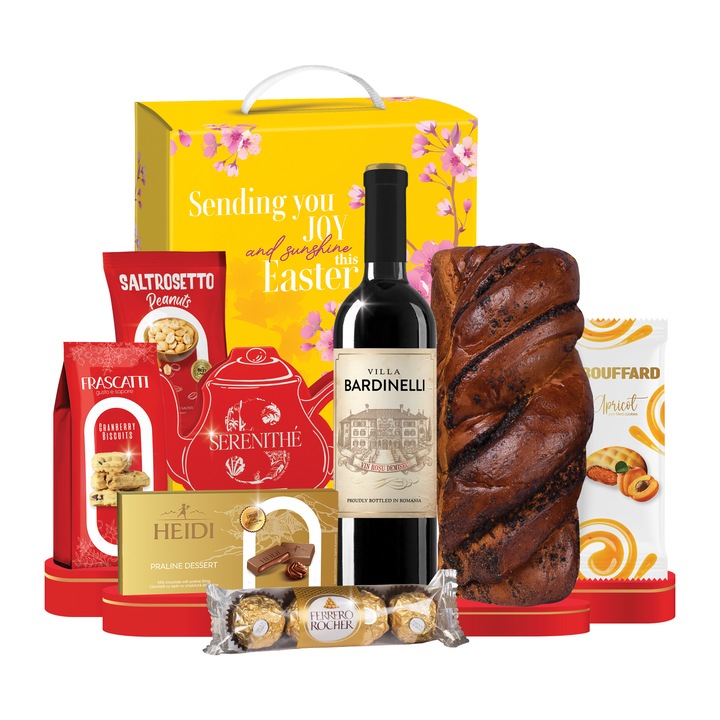 Pachet cadou Easter Joy - Gift Idea, cu vin rosu demisec Villa Bardinelli Special Collection, cozonac cu nuca, praline Ferrero Rocher, tableta ciocolata Heidi, fursecuri Frascatti Cranberry, ceai Serenithé, arahide Saltrosetto, cookies Bouffard Biscuits