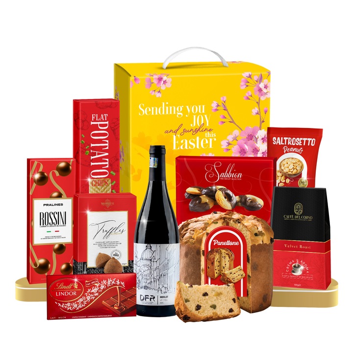 Pachet cadou Sapori di Primavera-Gift Idea,cu vin rosu sec Cabernet Sauvignon&Merlot,panettone cu stafide si portocala,cafea macinata,tableta Lindt Lindor,trufe de ciocolata Henriette,fursecuri cu ciocolata Sabbion,praline Rossini Chocolat,Flat Potato