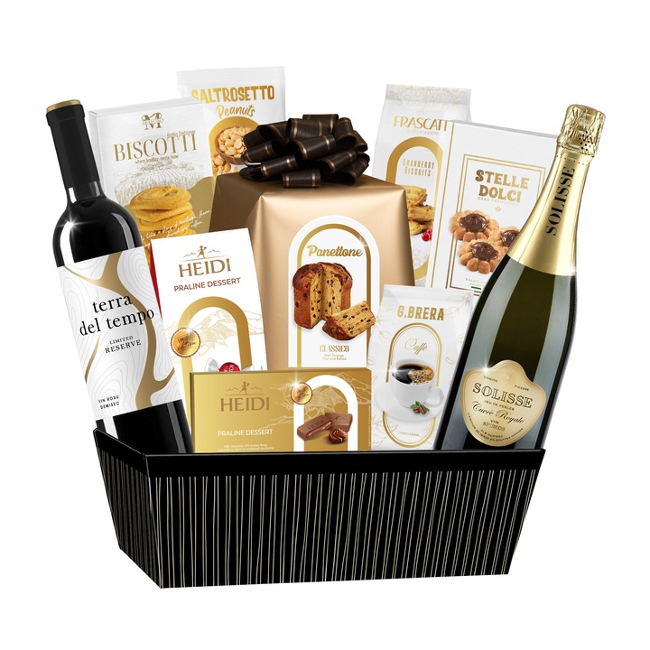 Cos cadou DolcePasqua-Gift Idea,cu vin spumos Solisse Cuvee Royale Spumante,vin rosu demisec Terra delTempoLimited Reserve,panettone cu stafide si portocala,cafea macinata,tableta de ciocolata,praline de ciocolata,fursecuri Stelle Dolci,biscuiti,fursecuri