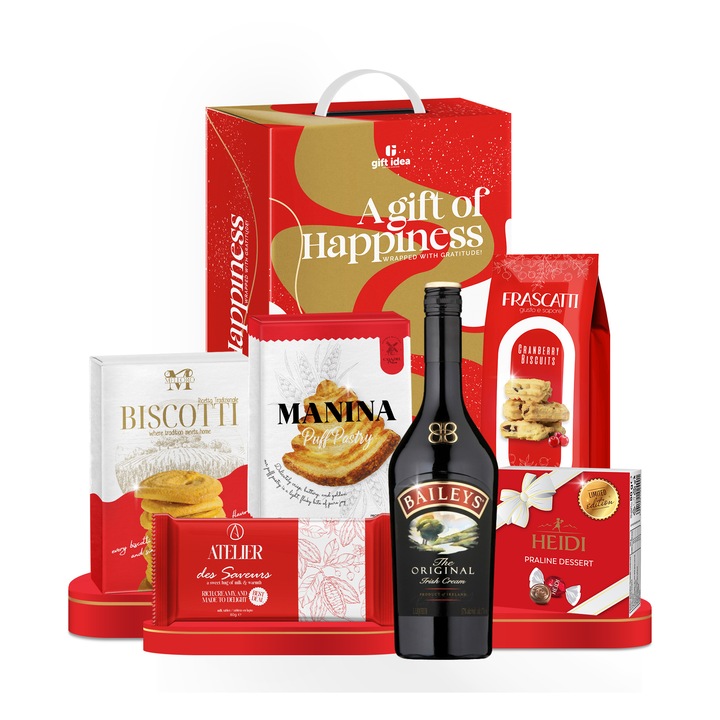 Pachet cadou Bailey's Moments-Gift Idea,cu Bailey's Irish Cream, praline de ciocolata Heidi,tableta cu lapte Atelier des Saveurs,foietaj crocant Casa del Molino Manina Puff Pastry,biscuiti fini Melloro Biscotti,fursecuri cu merisoare Frascatti Cranberry